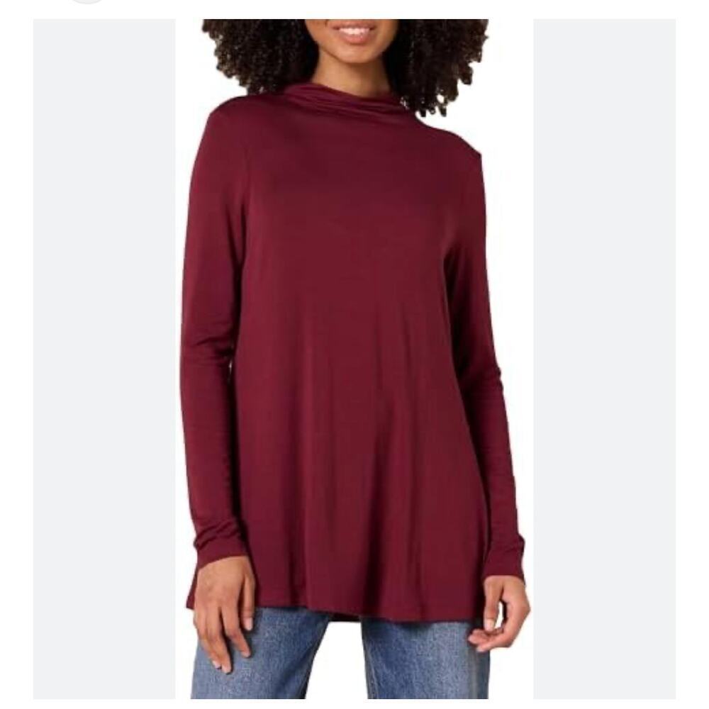 NWT Amazon Essentials Mock Neck Maroon Long Sleeve Top Size XS
